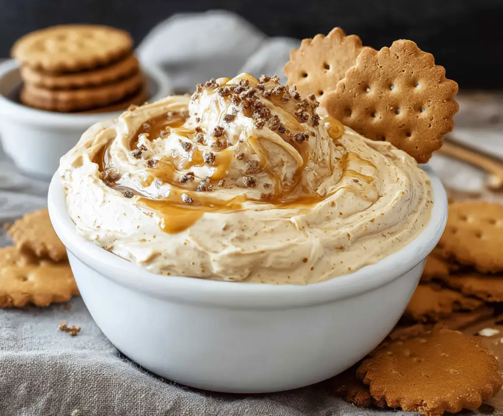 Creamy cookie butter dip served with cookies for a delicious dessert treat.