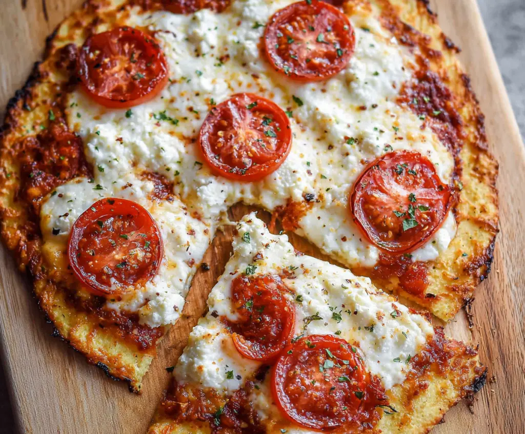 Delicious Cottage Cheese Flatbread Pizza topped with fresh herbs and vegetables.