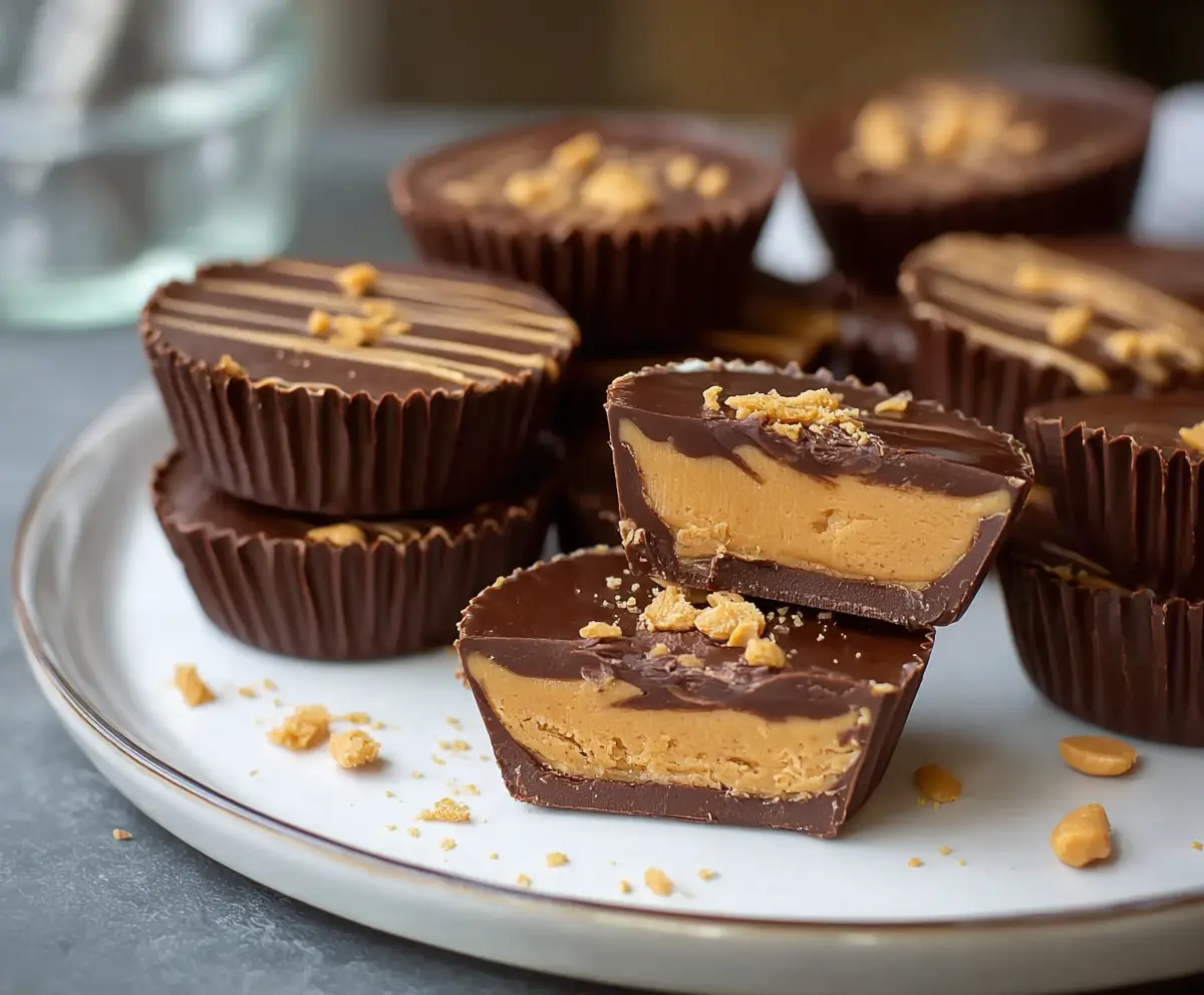 Delicious homemade cottage cheese peanut butter cups on a white plate, perfect for a healthy snack.