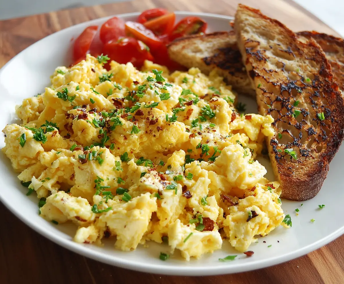 Delicious cottage cheese scrambled eggs served with fresh herbs on a breakfast plate.
