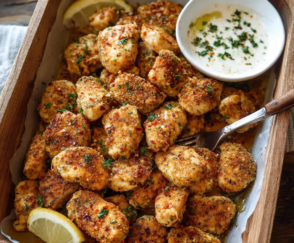 Juicy Cowboy Butter Chicken Bites garnished with herbs on a rustic plate.