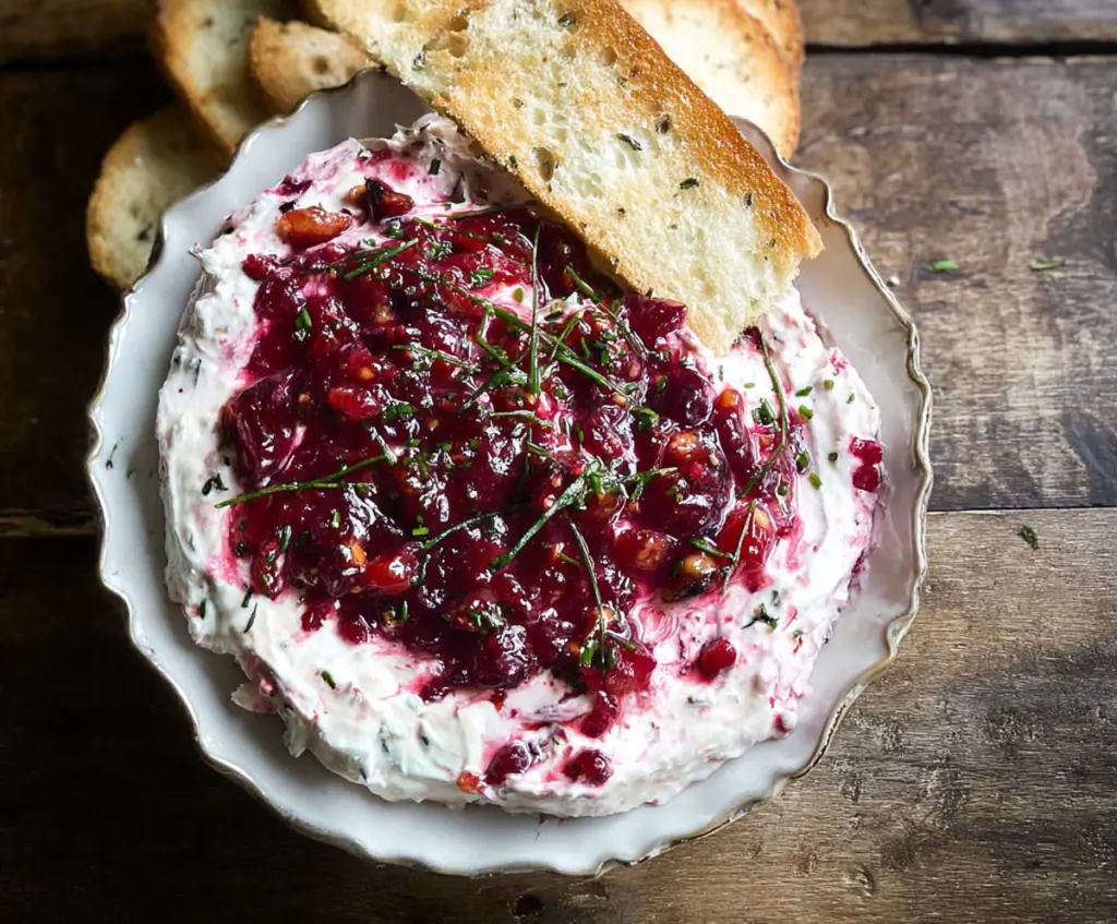 Creamy Cranberry Whipped Boursin Dip served with fresh crackers for festive gatherings