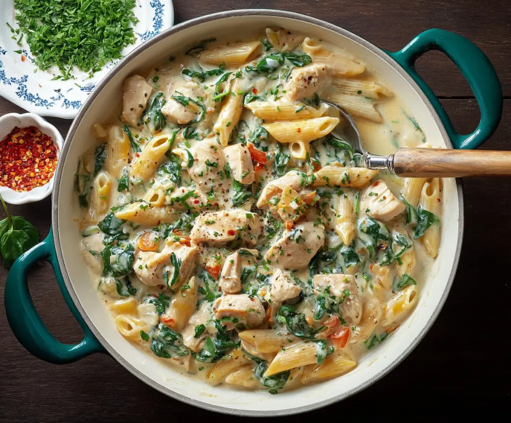 Delicious creamy chicken spinach pasta served on a plate, garnished with herbs for a hearty meal.