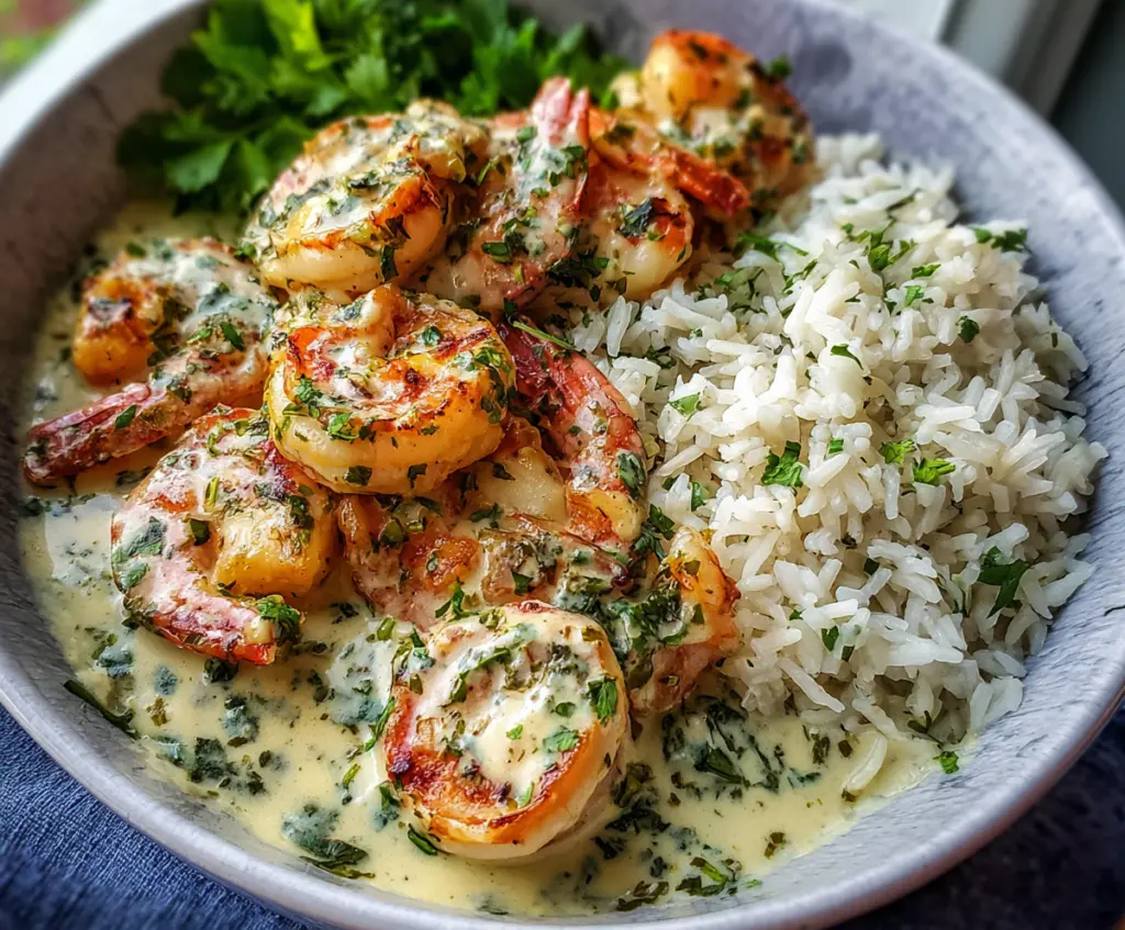 Delicious creamy garlic butter shrimp bowl served over herb rice, perfect for a flavorful seafood dinner.