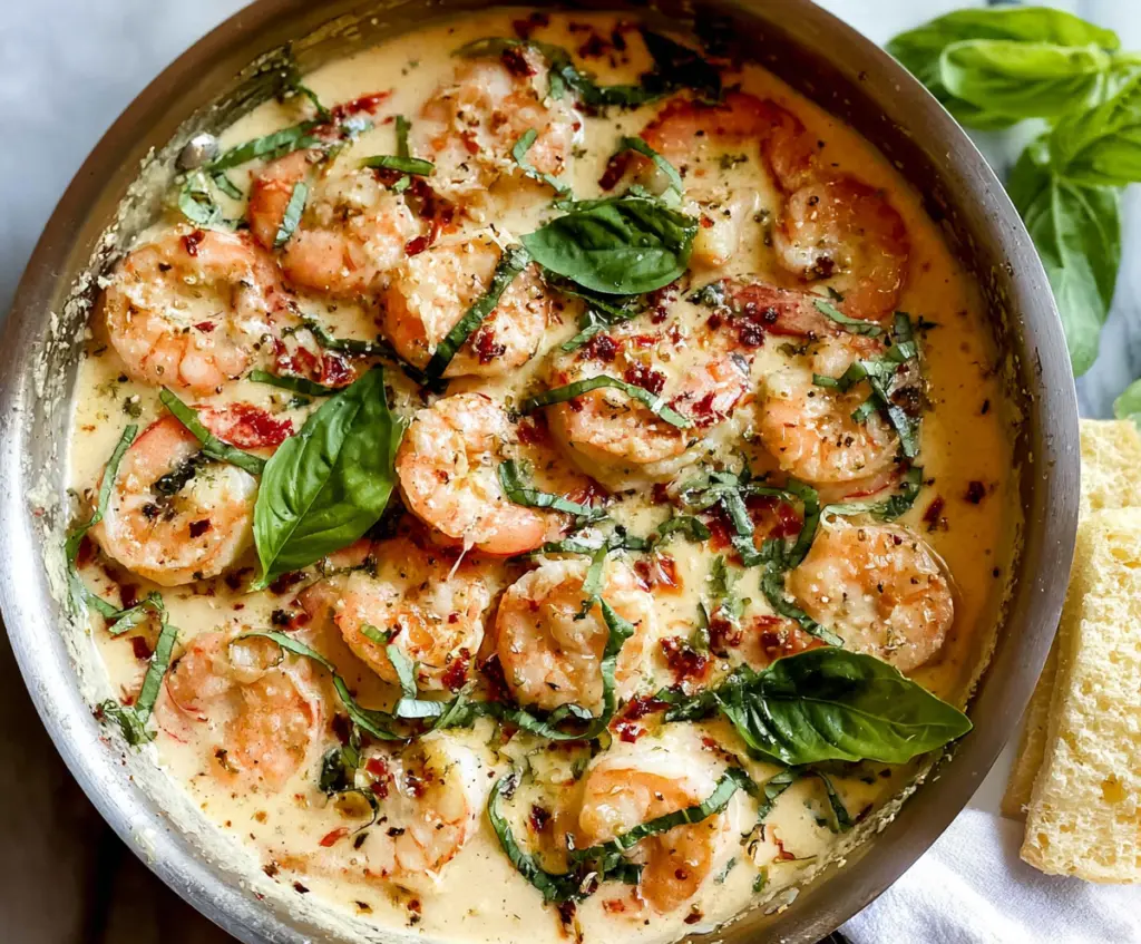 Delicious creamy parmesan basil shrimp served on a plate, garnished with fresh basil leaves.