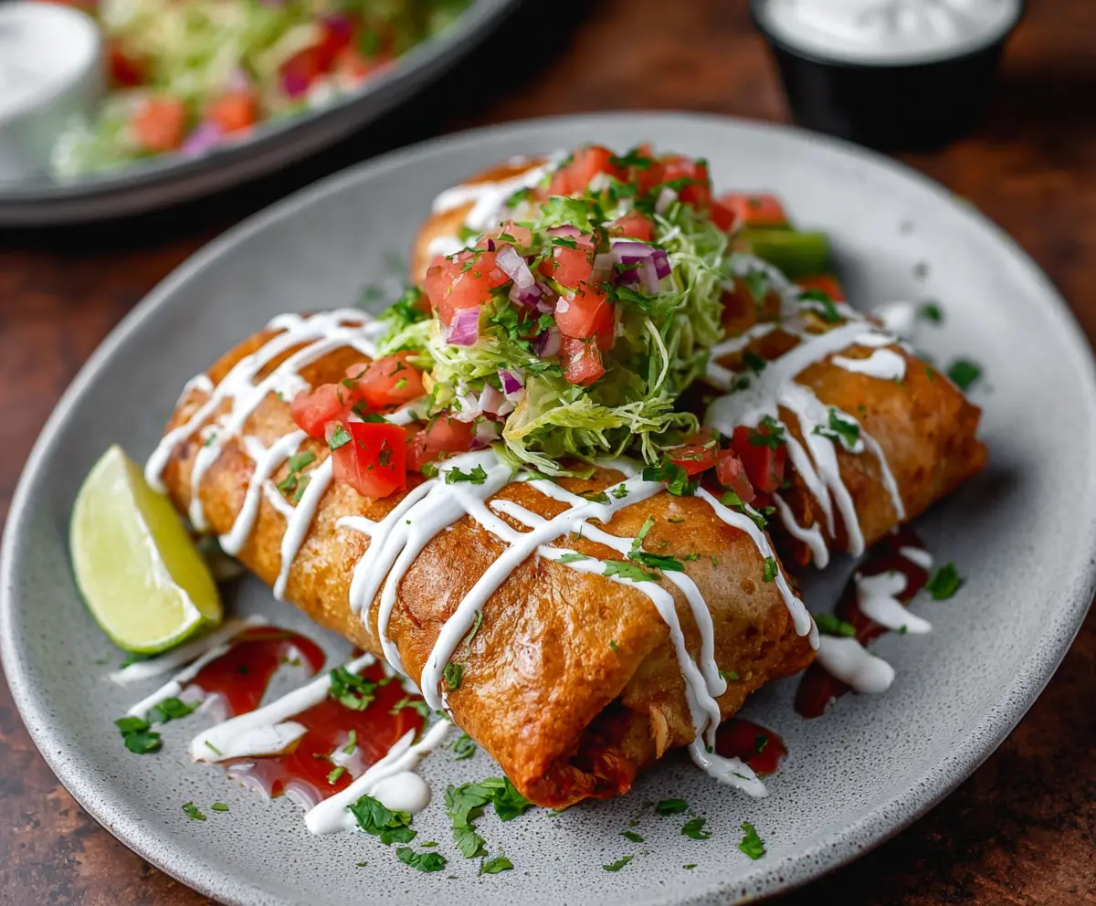 Delicious crispy chicken chimichanga filled with seasoned chicken and melted cheese, served with salsa and sour cream.