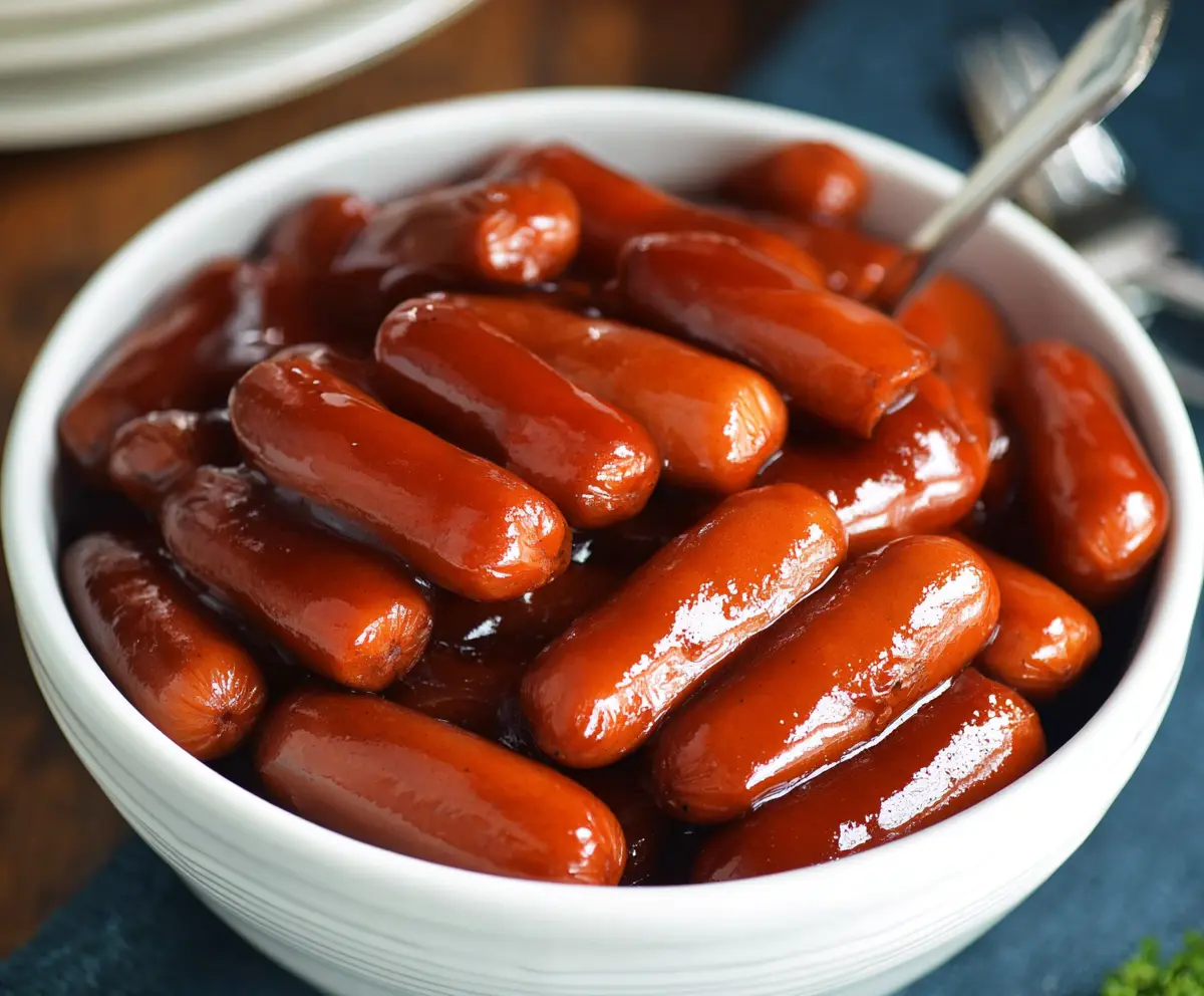 Delicious Crock Pot Little Smokies appetizer with smoky sausage links in a slow cooker