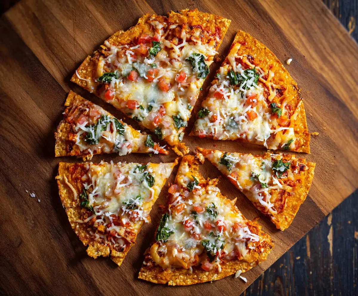 Delicious crunchy tortilla pizza topped with melted cheese and fresh vegetables.