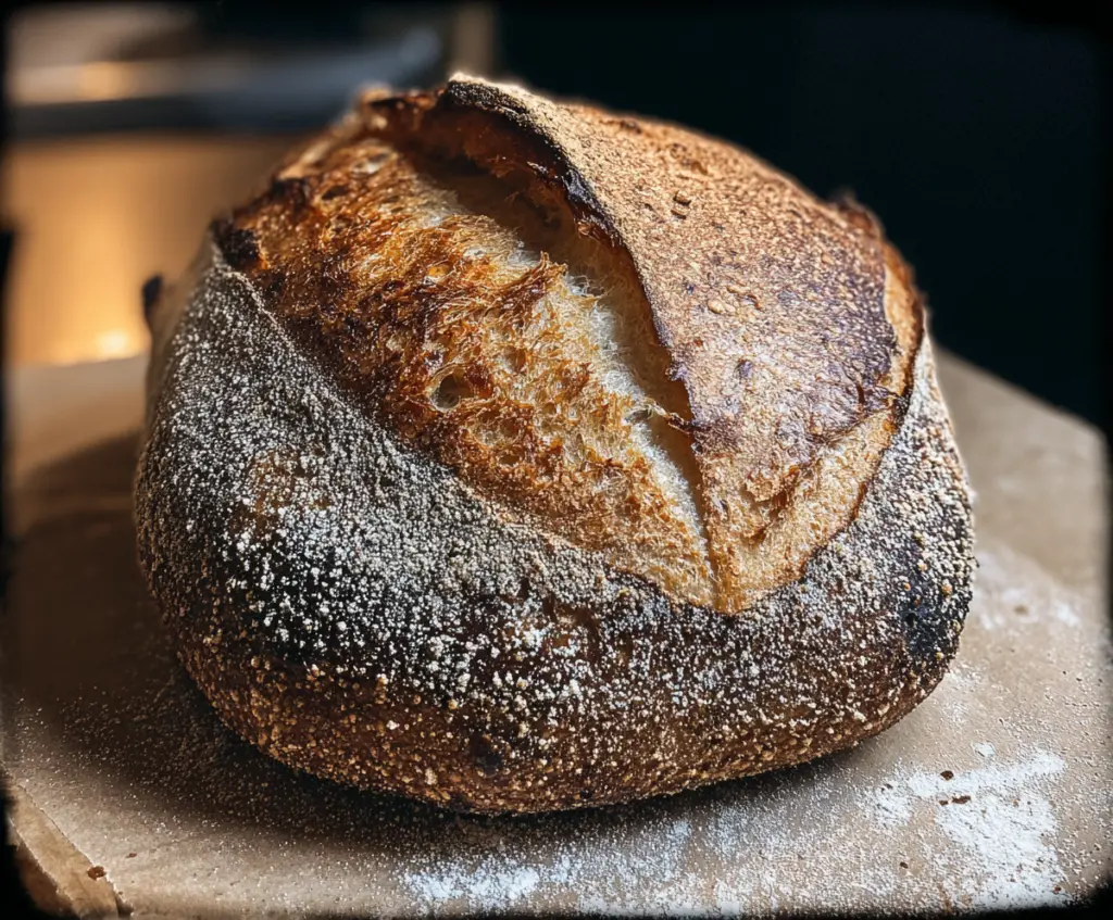 Freshly baked sourdough bread with a crispy crust served with a cup of coffee.