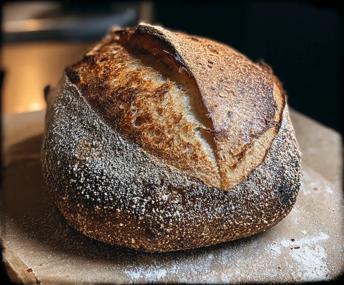 Freshly baked sourdough bread with a crispy crust served with a cup of coffee.