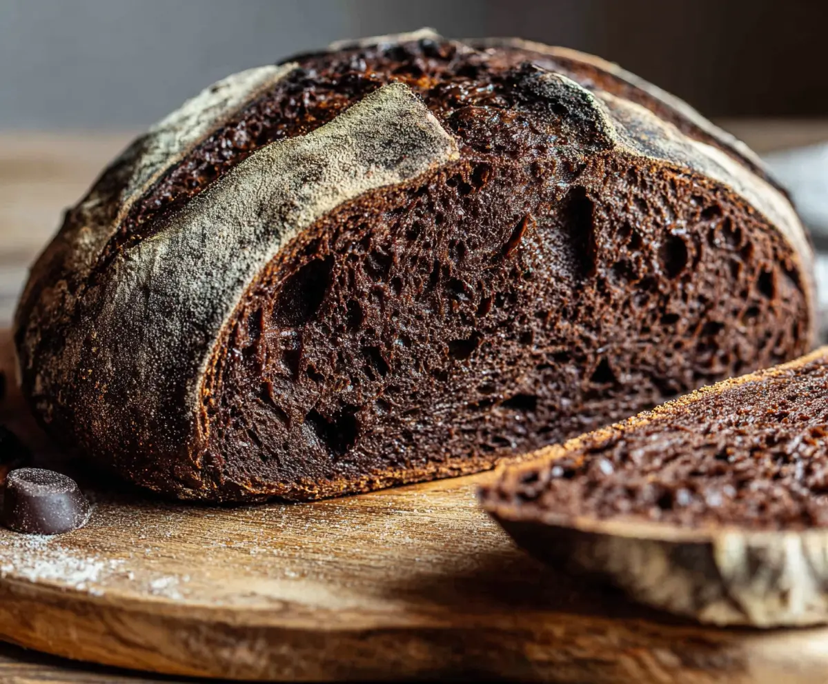 Freshly baked double chocolate sourdough bread sliced open showing rich, gooey chocolate and crunchy crust