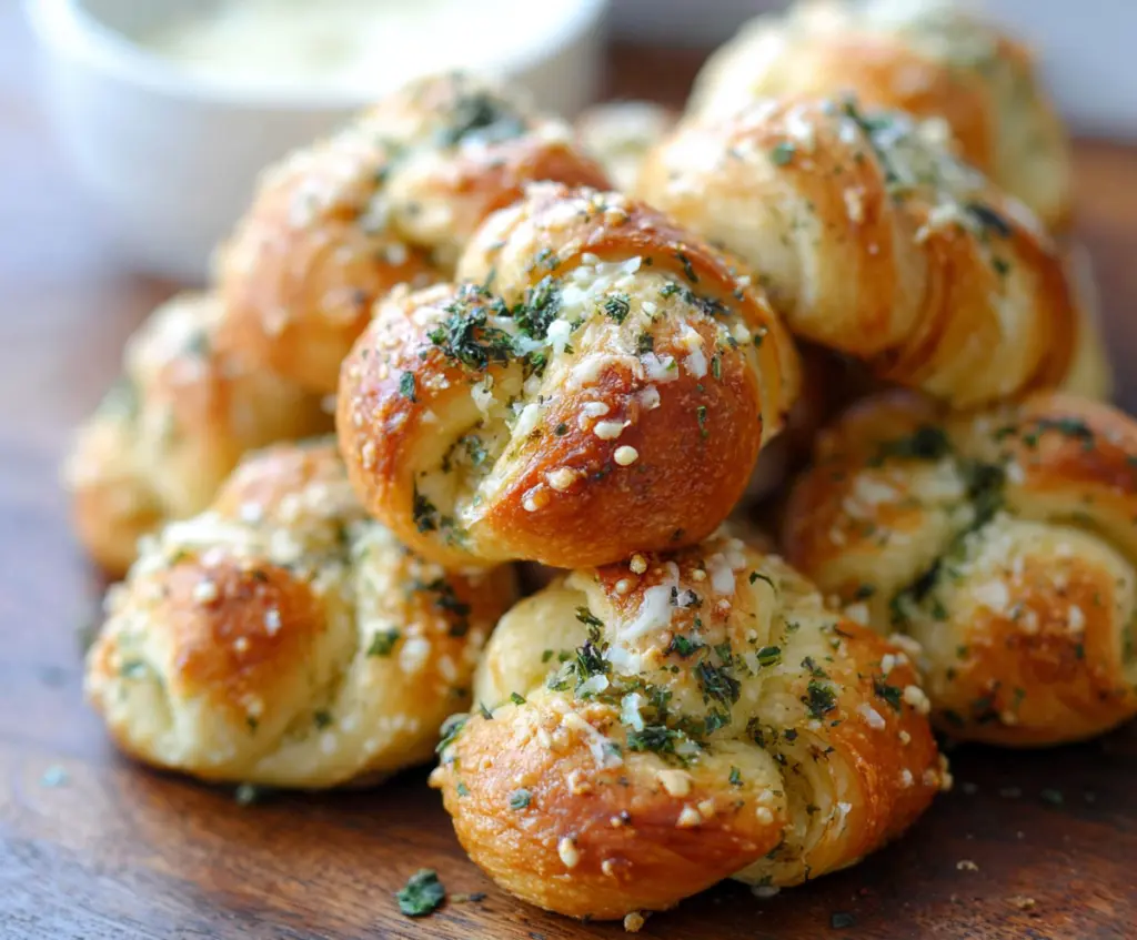 Golden garlic Parmesan knots fresh out of the oven, garnished with herbs and cheese.