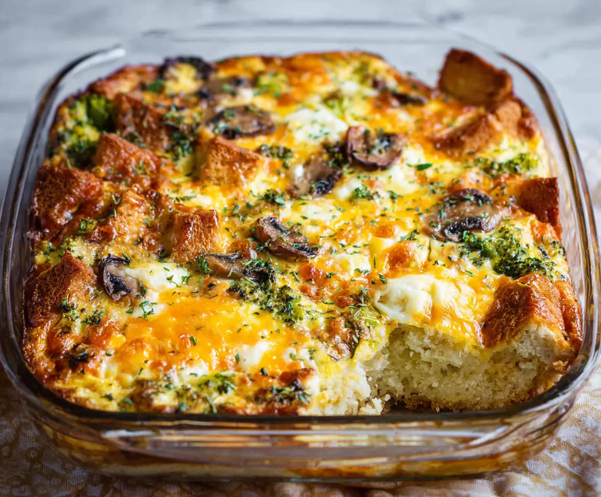 Delicious Egg Bake Casserole with eggs, cheese, and vegetables served in a baking dish.