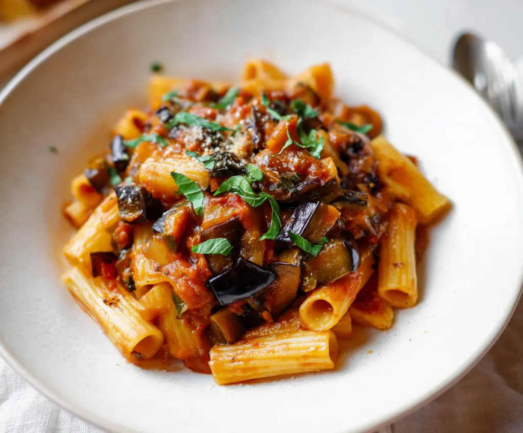 Delicious eggplant pasta dish garnished with fresh herbs, perfect for a healthy dinner.