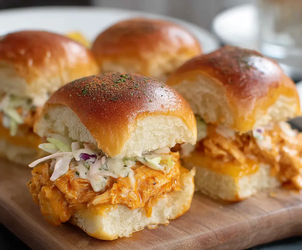 Delicious Fiery Buffalo Chicken Sliders baking in the oven, perfect for a spicy snack or party appetizer.