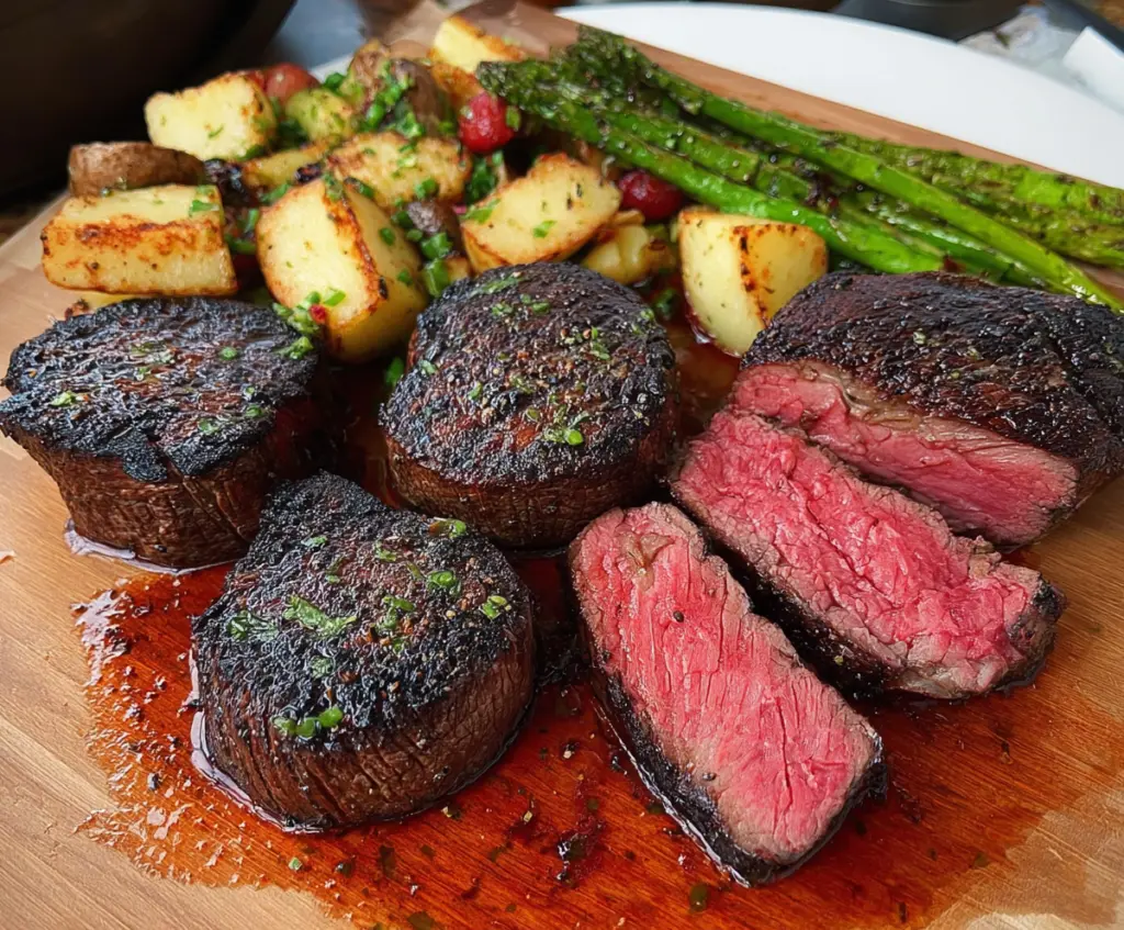 Juicy filet mignon steak cooked to perfection on a wooden cutting board with herbs and garlic.