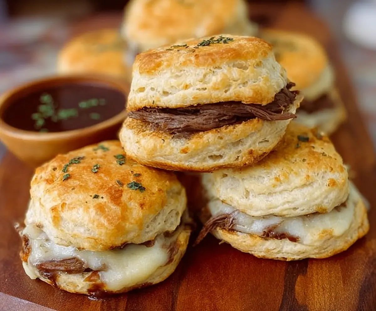 Delicious French Dip Biscuits with tender roast beef and melted cheese served in flaky biscuits.
