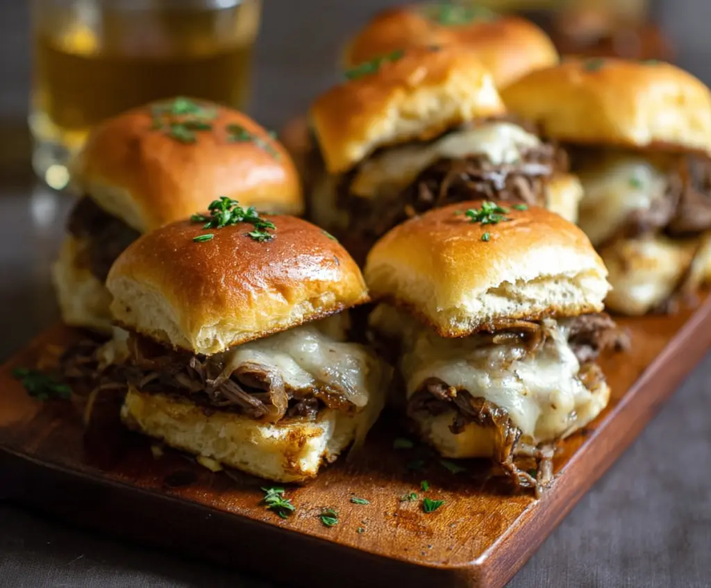 Delicious French Onion Beef Sliders topped with melted cheese and caramelized onions.