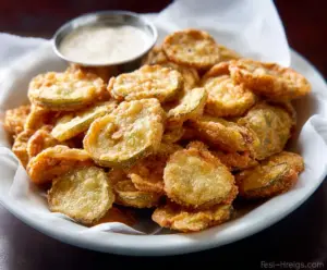 Crispy fried pickles served with dipping sauce on a rustic plate.