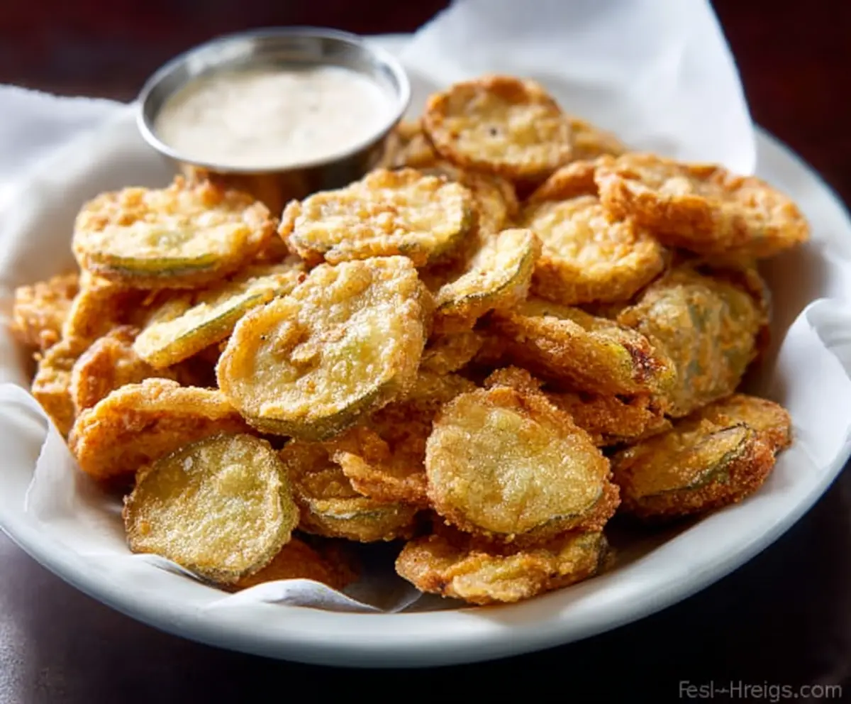 Crispy fried pickles served with dipping sauce on a rustic plate.