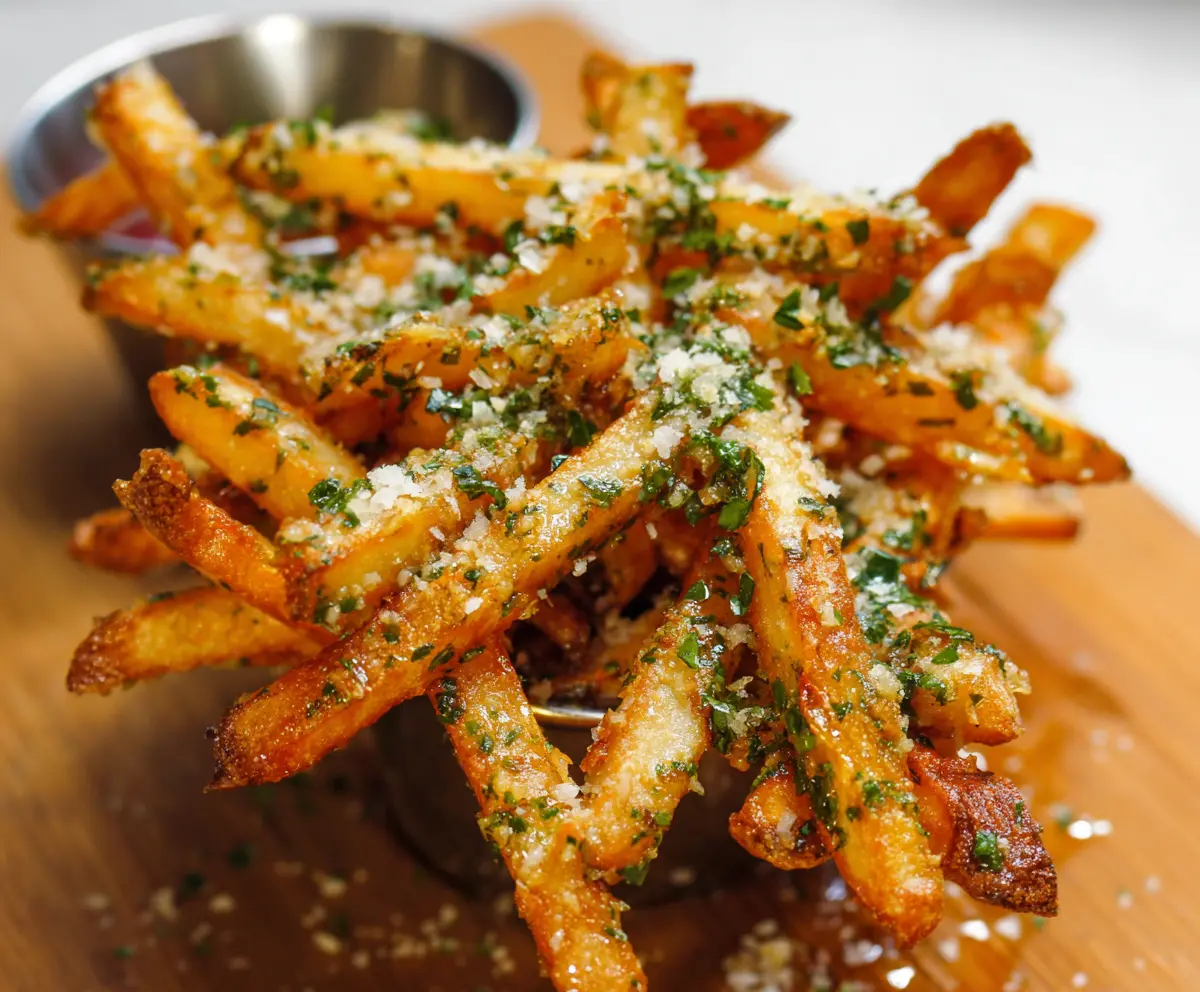 Delicious garlic and Parmesan fries with crispy golden edges, perfect as a savory snack or side dish.