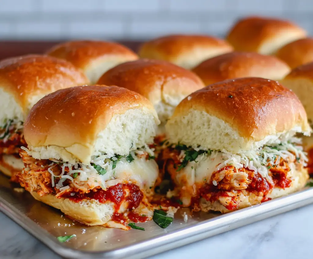 Delicious garlic chicken parmesan sliders topped with melted cheese and fresh herbs.
