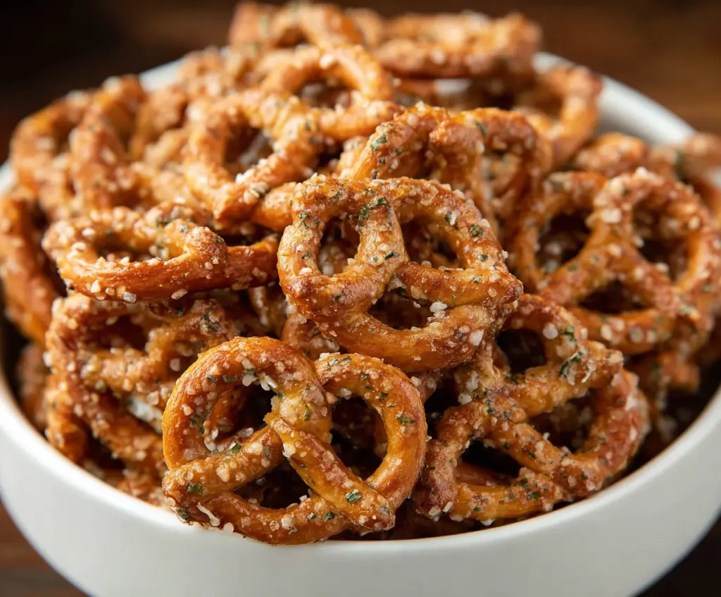 Crunchy garlic ranch pretzels with herbs and flavorful seasoning parfait for snack lovers.