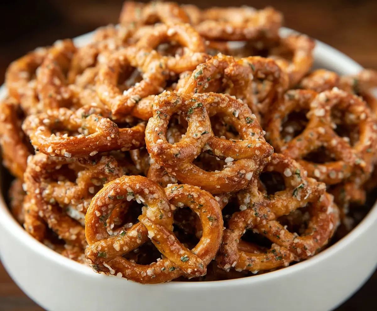 Crunchy garlic ranch pretzels with herbs and flavorful seasoning parfait for snack lovers.