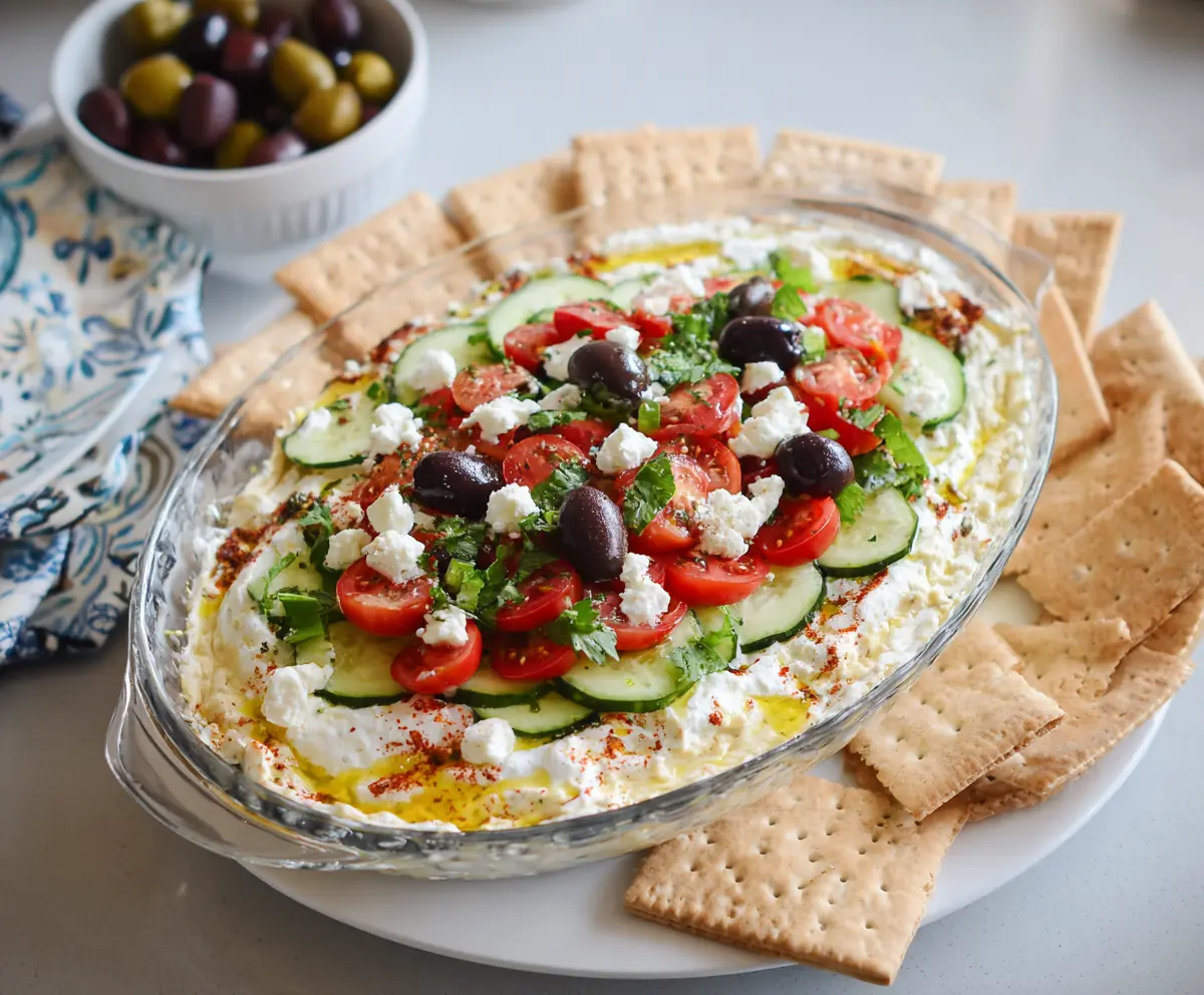 Delicious Greek Layer Dip with creamy yogurt, fresh vegetables, and herbs served in a bowl.