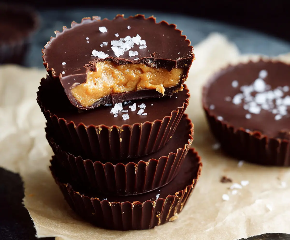 Delicious homemade healthy dark chocolate peanut butter cups on a white plate.