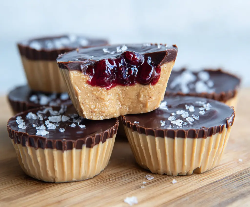 Healthy peanut butter and jelly cups with fresh fruit and natural ingredients
