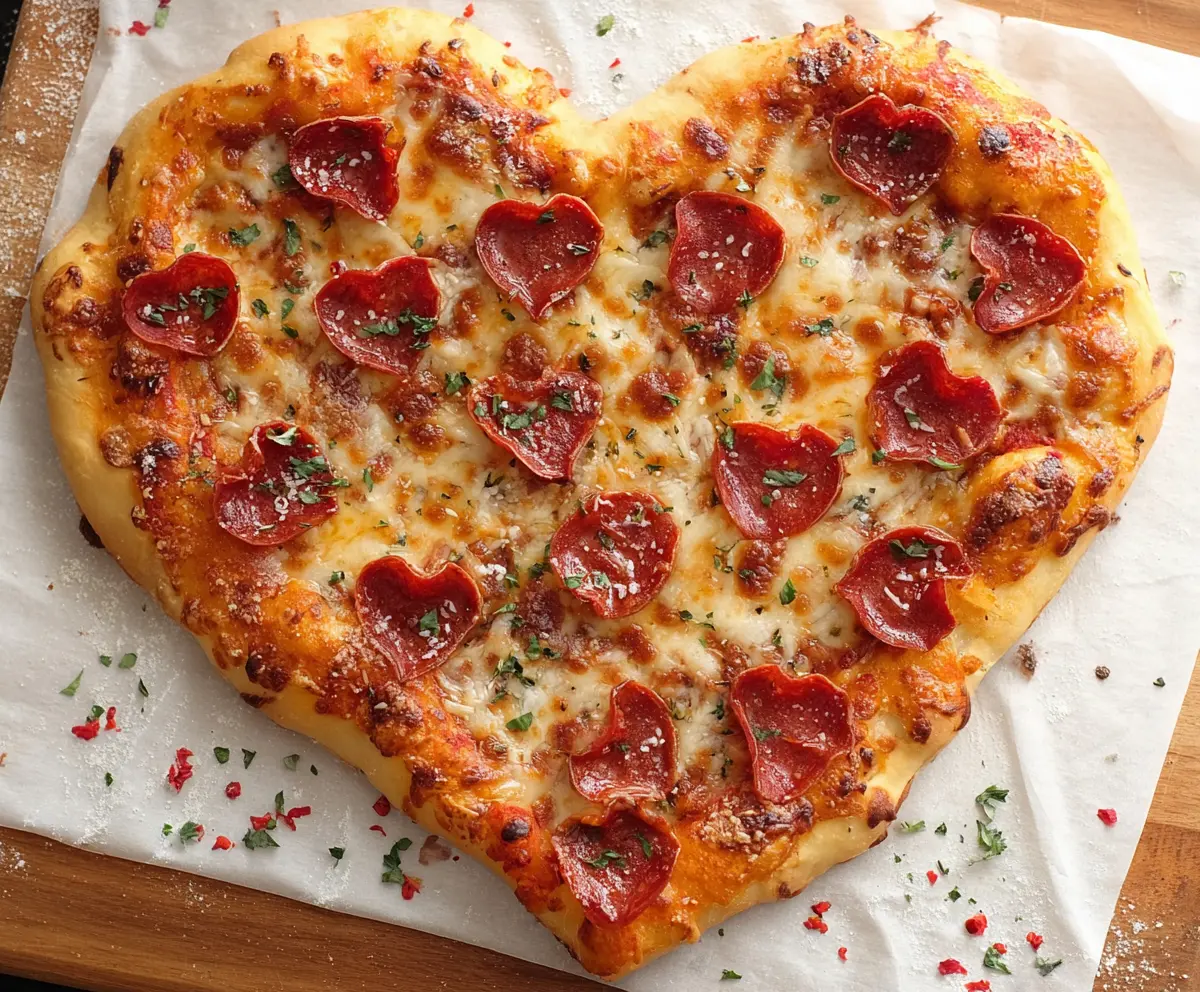 Delicious heart-shaped pizza topped with cheese and fresh ingredients for a romantic meal.