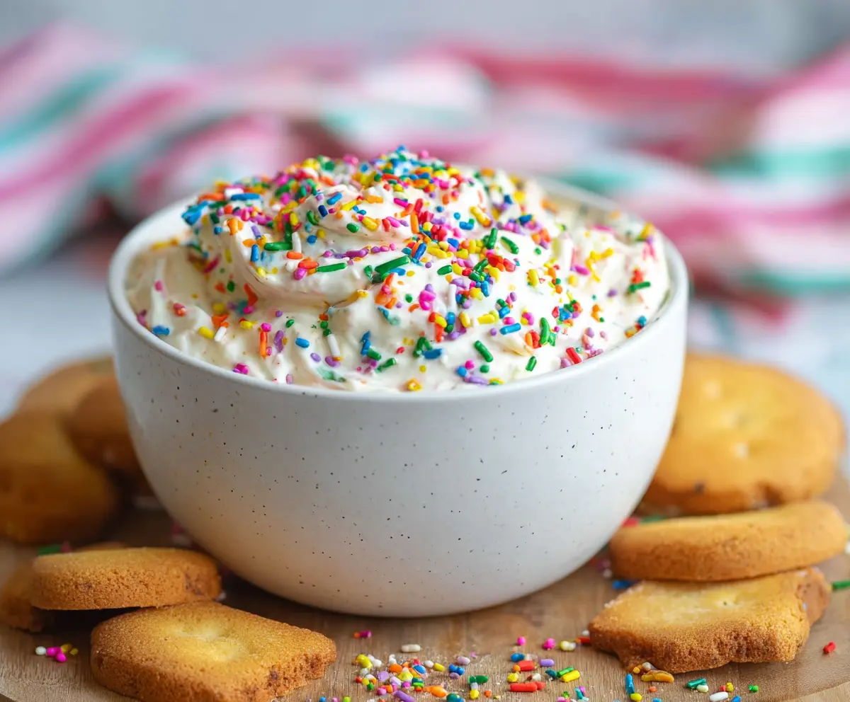 Creamy homemade Funfetti dip made with colorful sprinkles and sweet cream cheese.