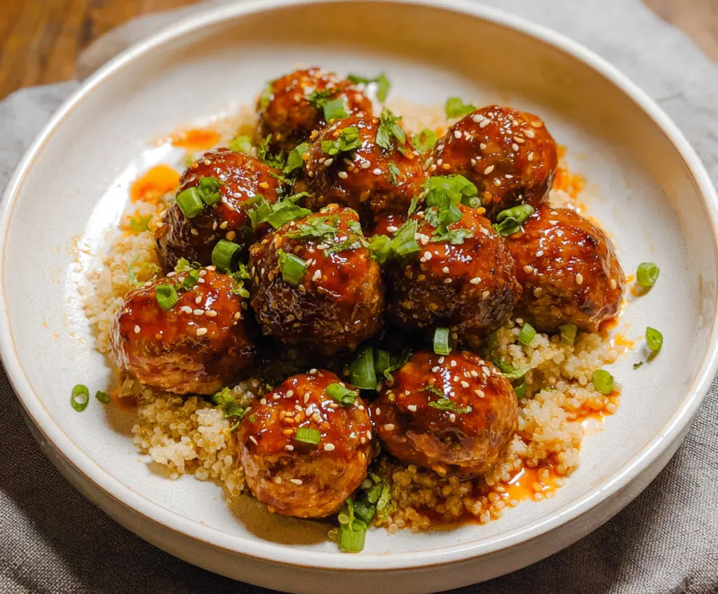 Delicious Honey Sriracha Meatballs on a plate, glazed with sweet and spicy sauce