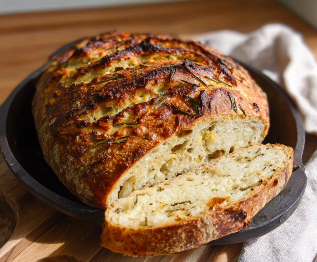 Freshly baked Italian Herb and Cheese Sourdough Bread with a golden crust and aromatic herbs.