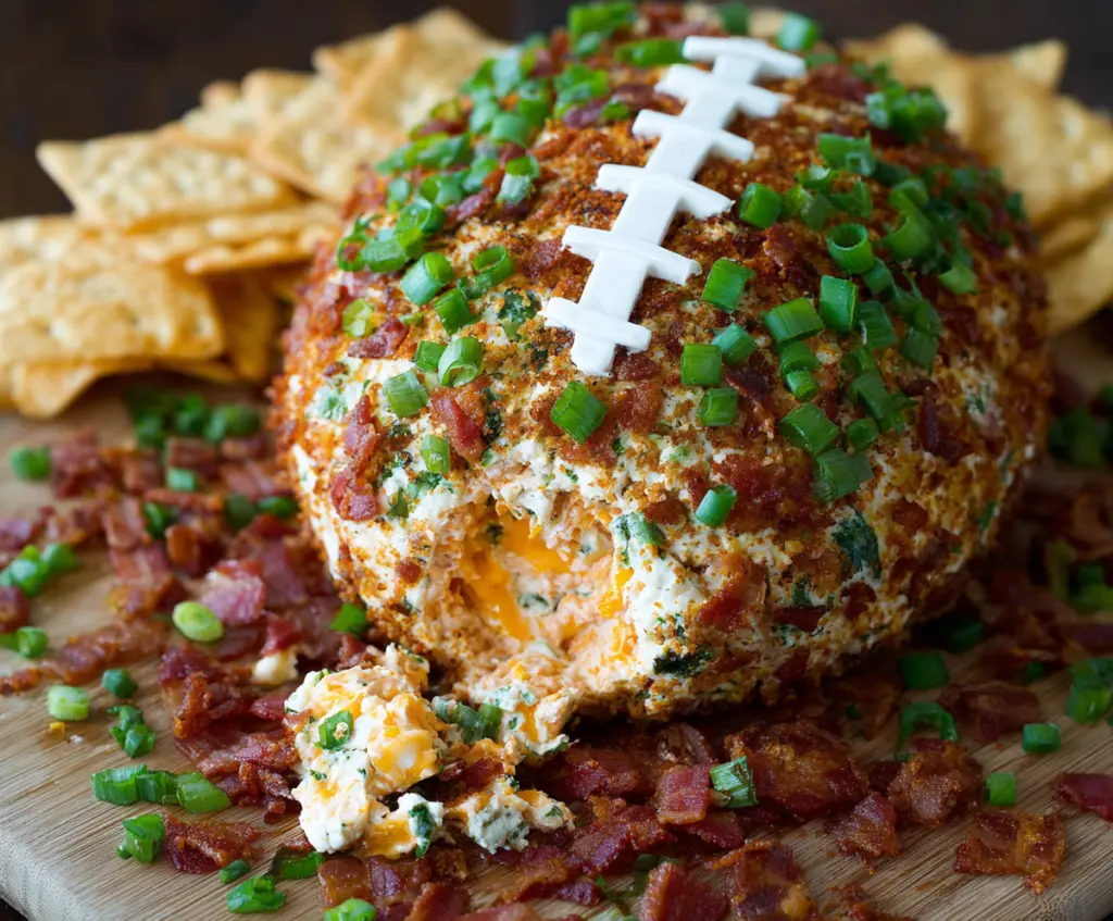 Creamy Jalapeño Popper Football Cheese Ball garnished with chopped herbs and sliced jalapeños for a spicy appetizer.