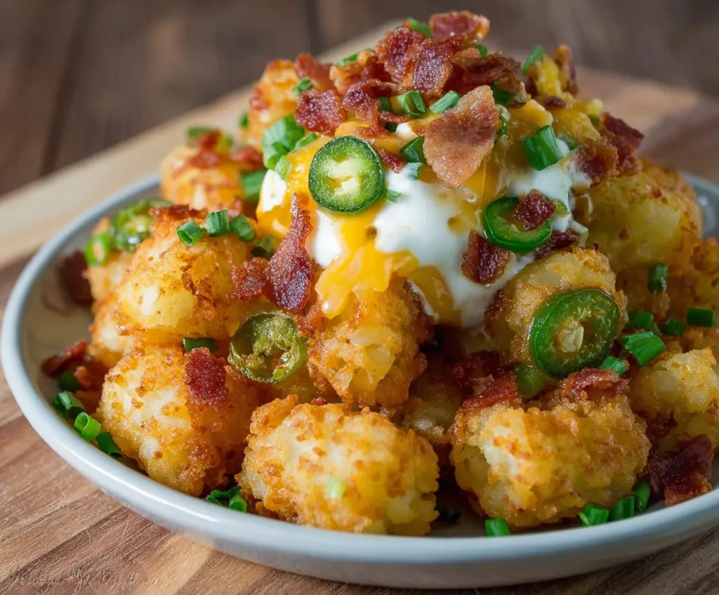 Crispy jalapeño popper tater tots topped with melted cheese and fresh cilantro.