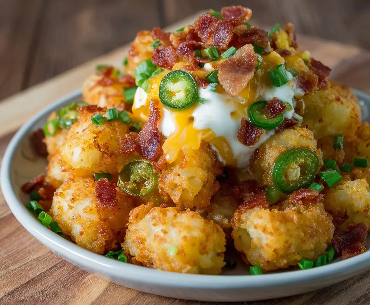 Crispy jalapeño popper tater tots topped with melted cheese and fresh cilantro.