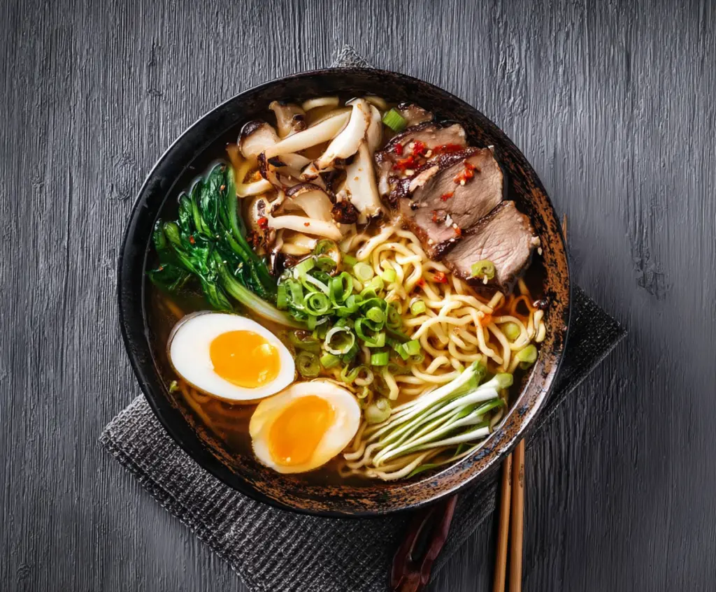 Delicious steaming Japanese ramen noodles with broth, vegetables, and sliced pork on a ceramic bowl.