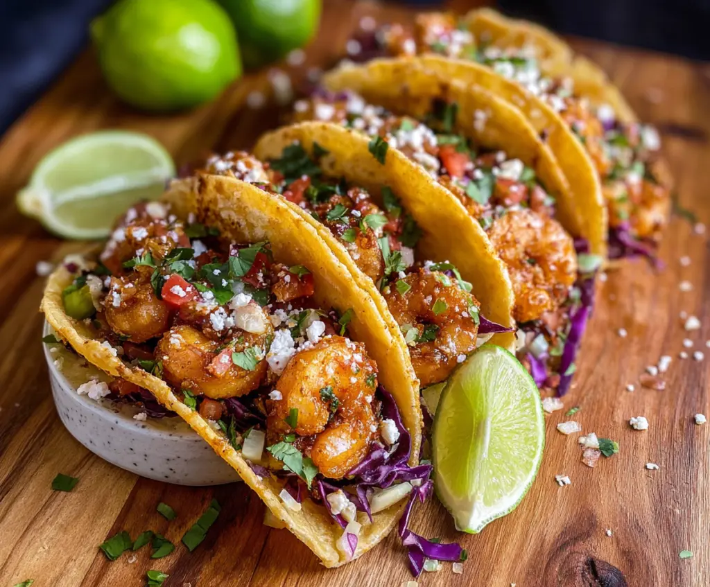 Delicious jerk shrimp tacos topped with fresh cilantro and lime on a vibrant plate.