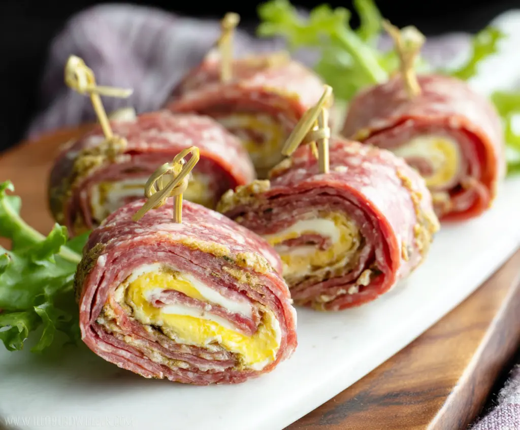 Keto Salami Roll-ups with cream cheese and herbs, perfect low-carb snack