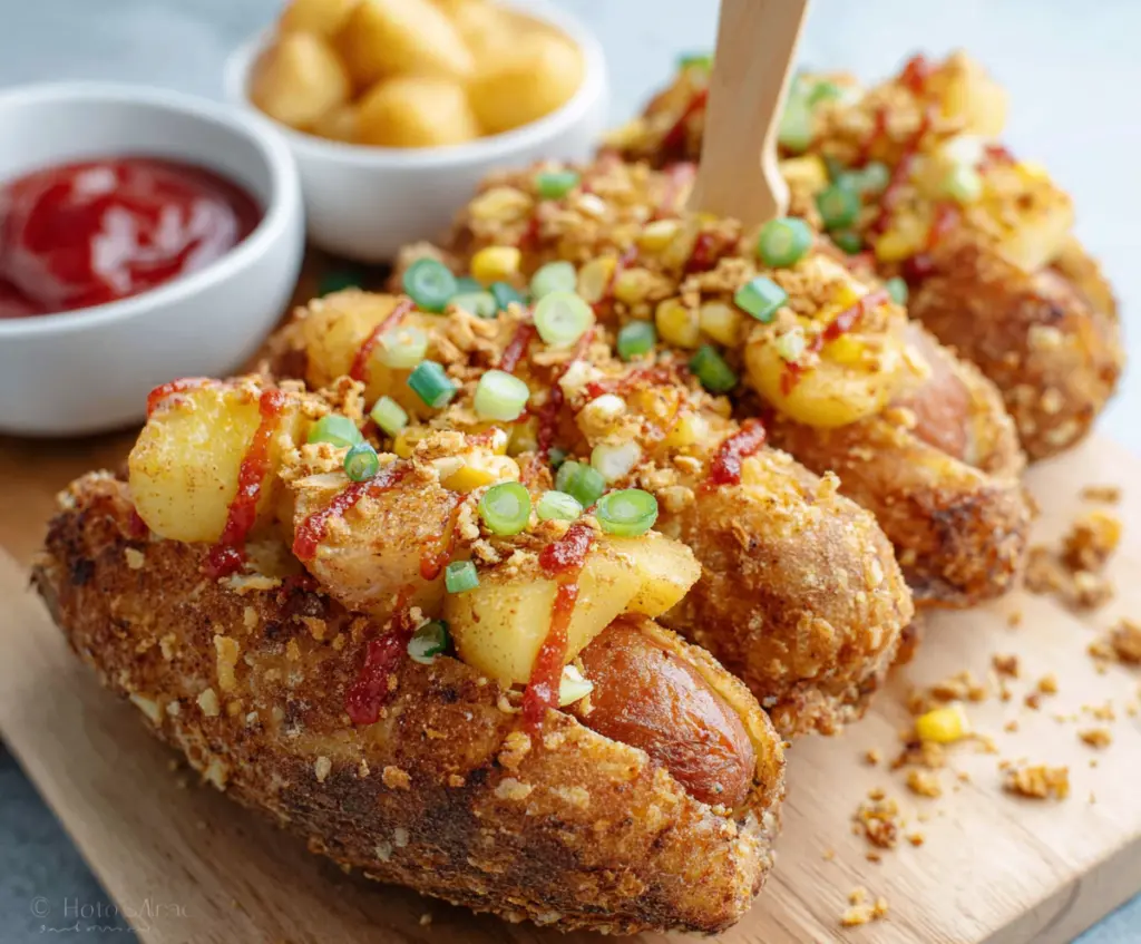 Delicious Korean Potato Hot Dog with crispy coating and melted cheese on a plate