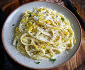 Creamy lemon ricotta pasta garnished with fresh herbs served on a white plate.