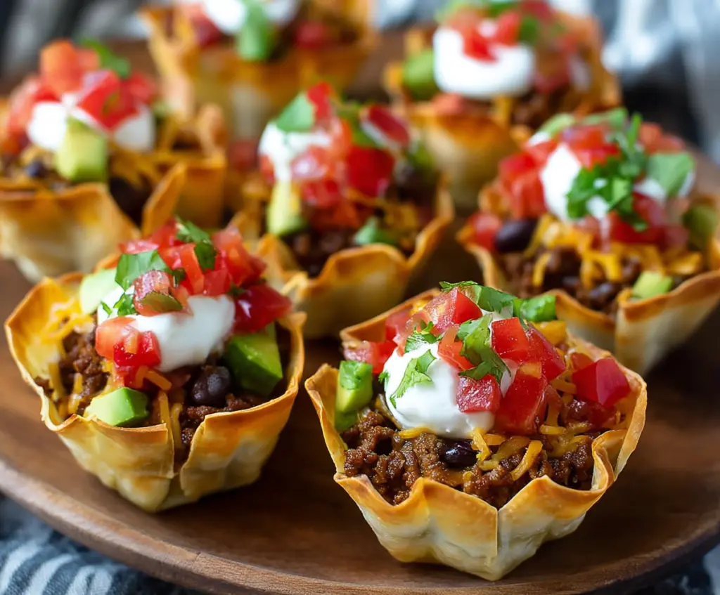 Delicious mini taco cups filled with seasoned meat and fresh toppings on a white plate.