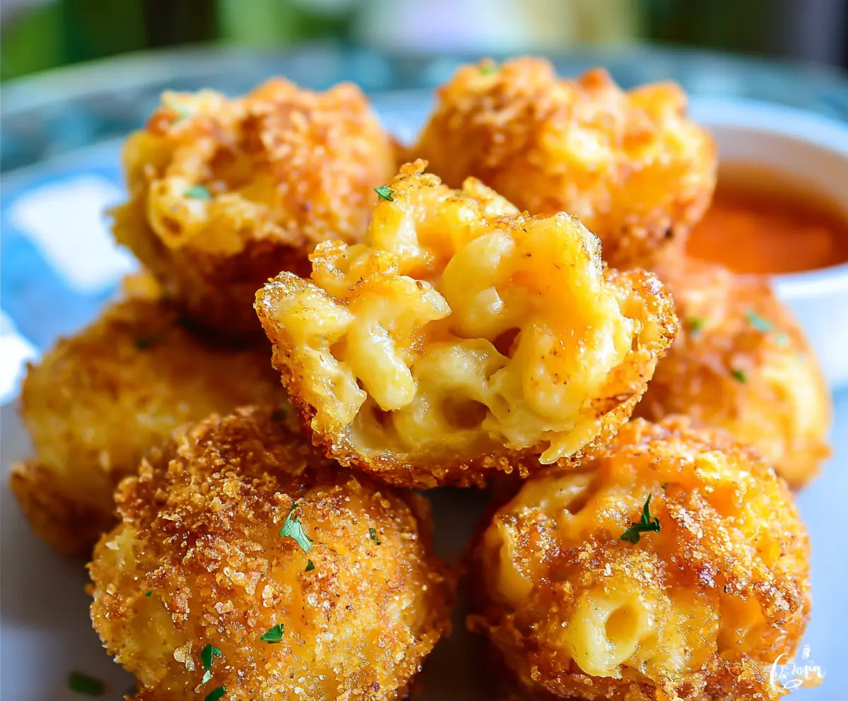 Golden crispy Mac and Cheese Bites served with a dipping sauce, ideal for snacks and parties.