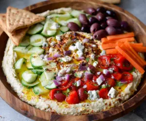Colorful Mediterranean hummus dip platter with fresh vegetables, pita bread, and olives perfect for appetizers.