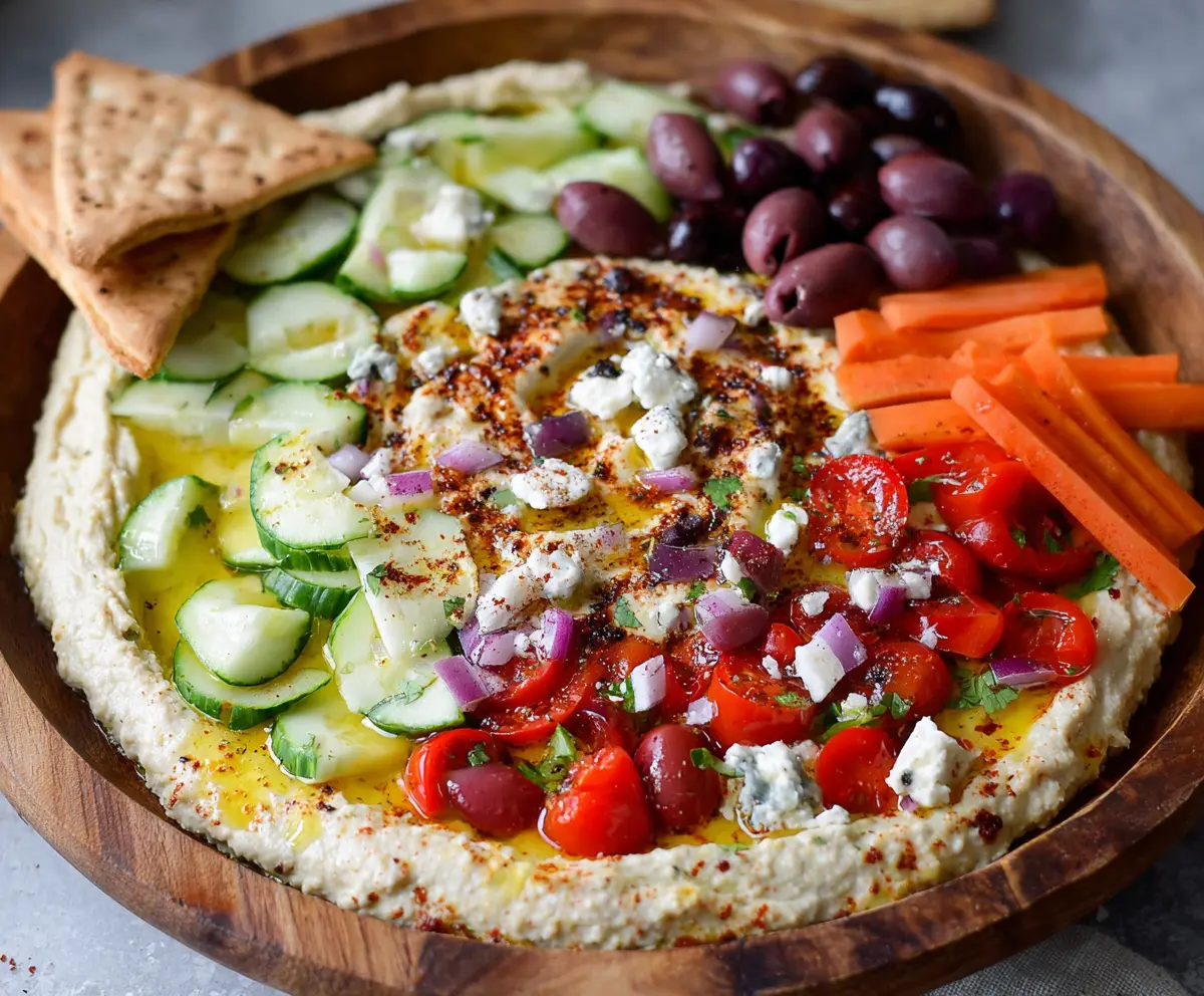 Colorful Mediterranean hummus dip platter with fresh vegetables, pita bread, and olives perfect for appetizers.