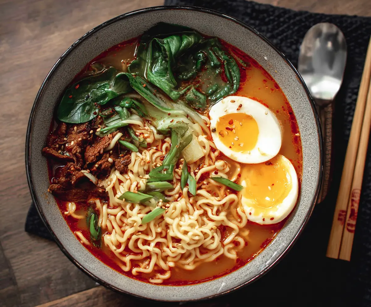 Delicious bowl of homemade Miso Ramen noodles with vegetables and soft-boiled egg