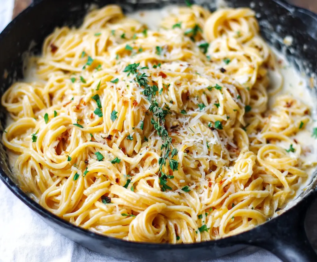 Creamy garlic Parmesan pasta cooked in one pan, perfect for quick dinner recipes.