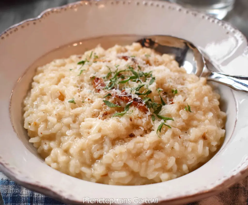Delicious creamy Parmesan Risotto garnished with fresh herbs on a rustic plate.